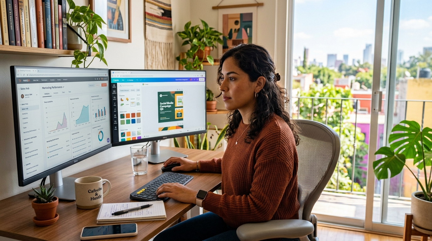Latin American virtual marketing assistant reviewing HubSpot campaign dashboard and Canva designs on dual monitors in a bright home office
