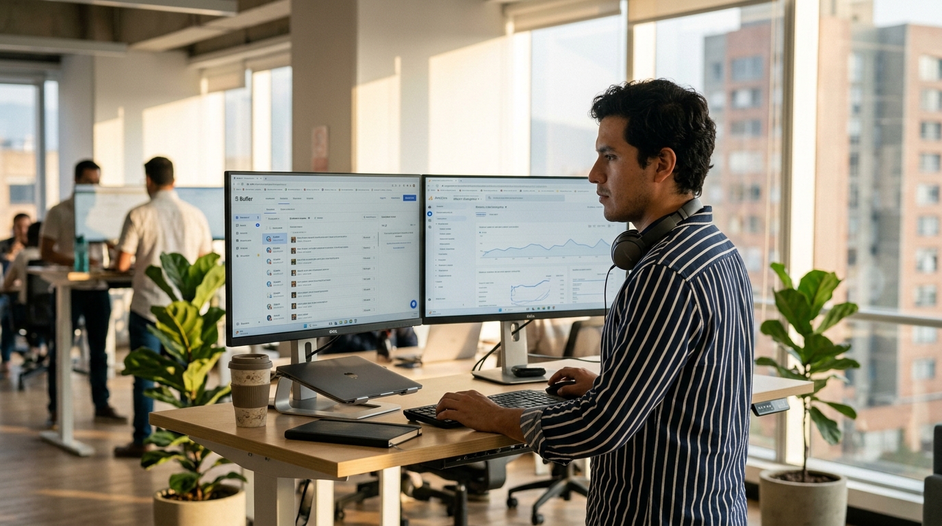 Latin American virtual marketing assistant managing social media scheduling and Google Analytics 4 dashboard at a standing desk