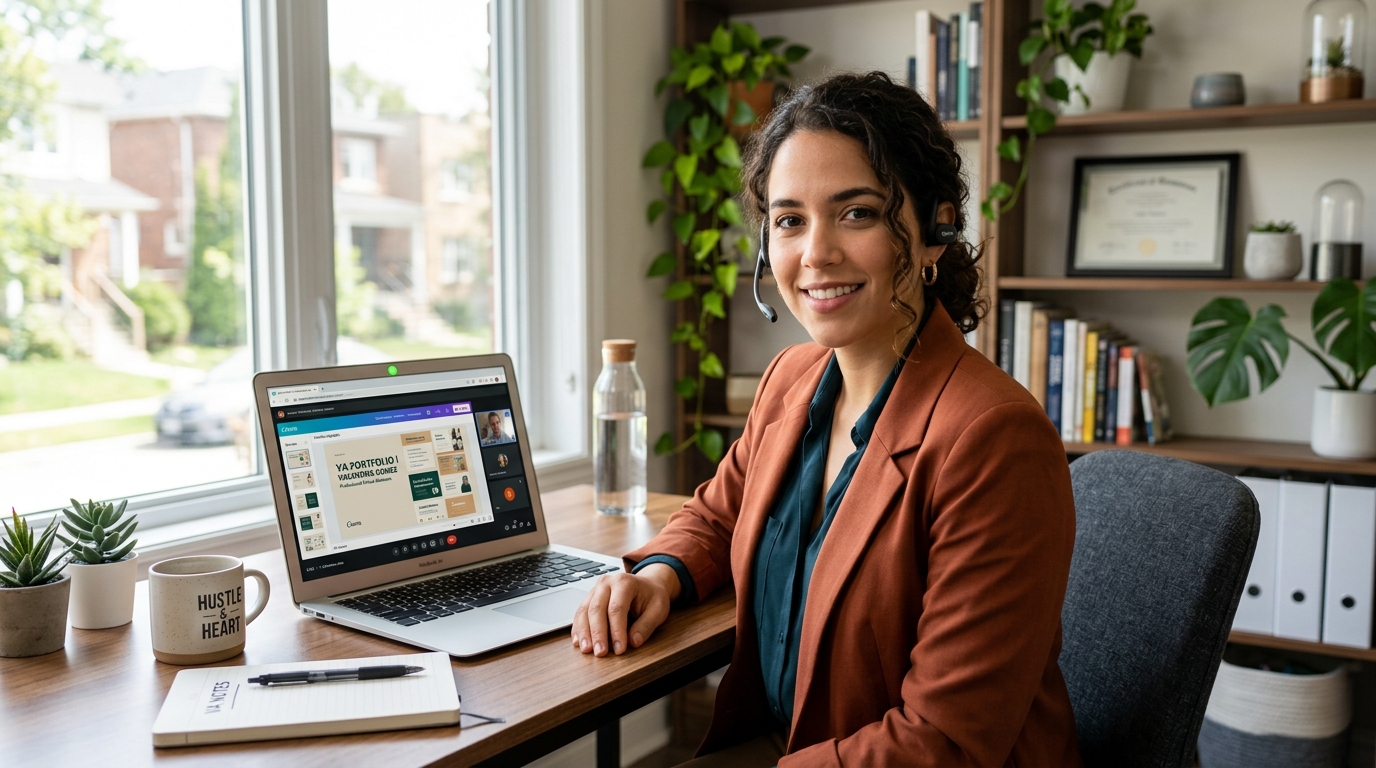 Latin American virtual marketing assistant presenting a Canva portfolio during a remote video interview for a marketing VA role