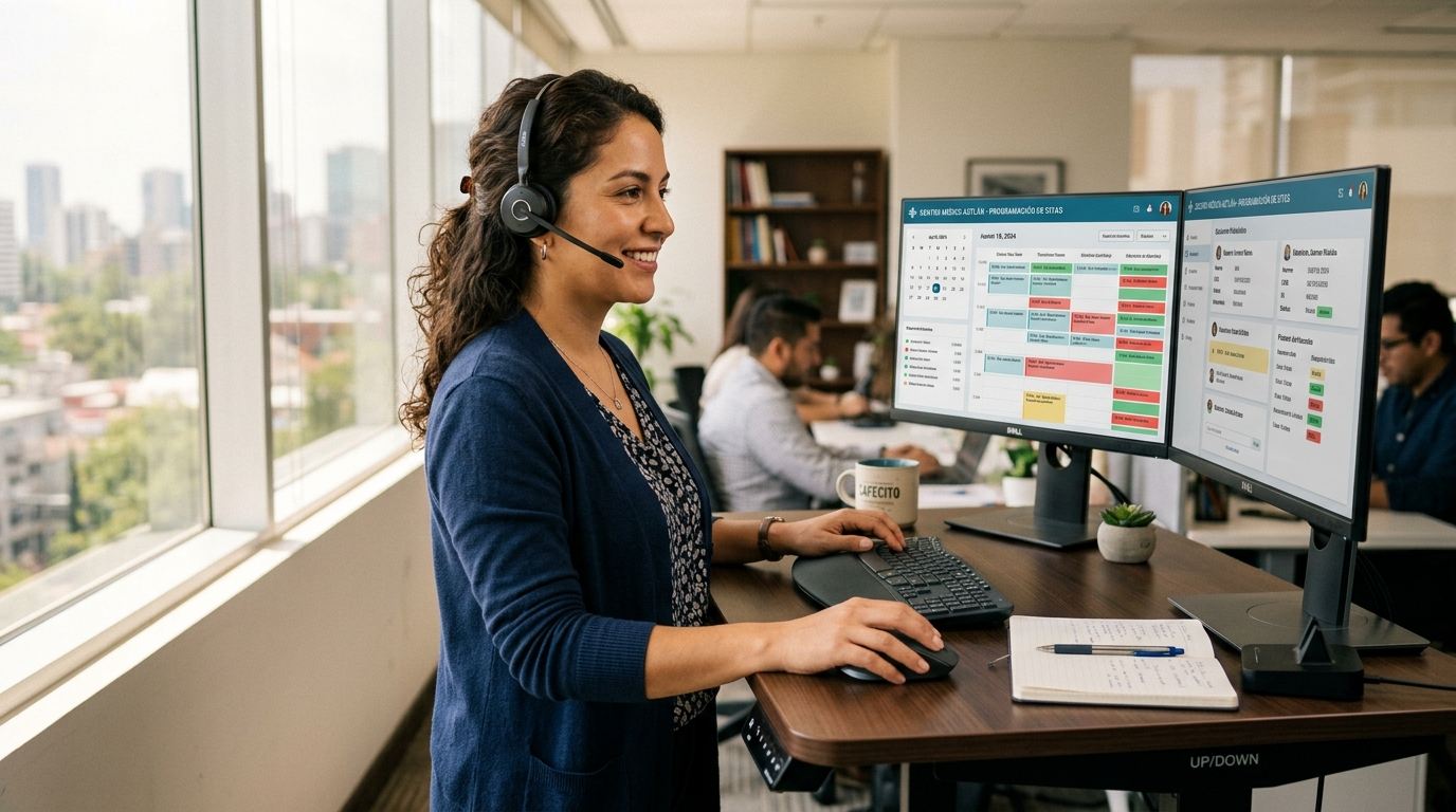 Nearshore virtual medical assistant managing patient scheduling on dual monitors during US business hours