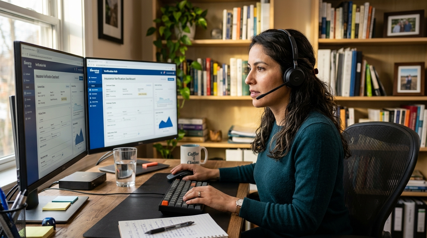 Nearshore virtual medical assistant completing insurance verification on a remote workstation during US business hours