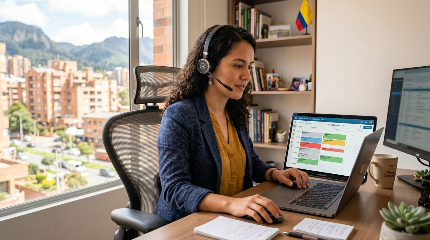 Nearshore virtual medical receptionist reviewing patient appointments on a dual-monitor setup in a professional Latin American home office