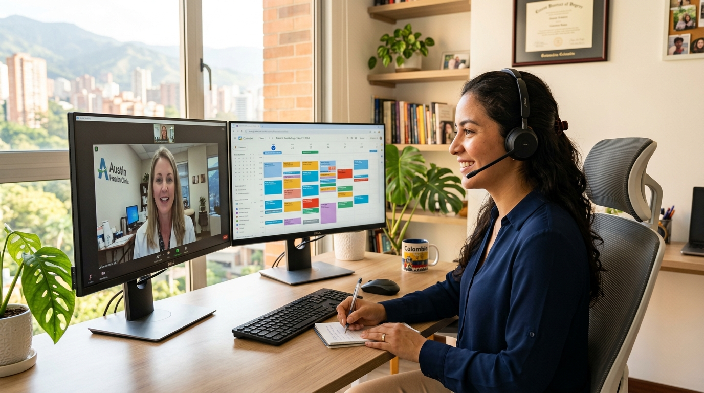 Virtual medical receptionist on a video call with a US clinic manager, reviewing a patient scheduling calendar on dual monitors