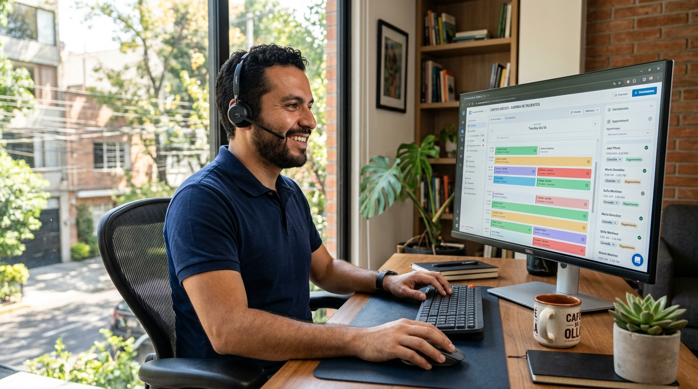 Male nearshore virtual medical receptionist confirming patient appointments in an EHR platform from a Latin American home office