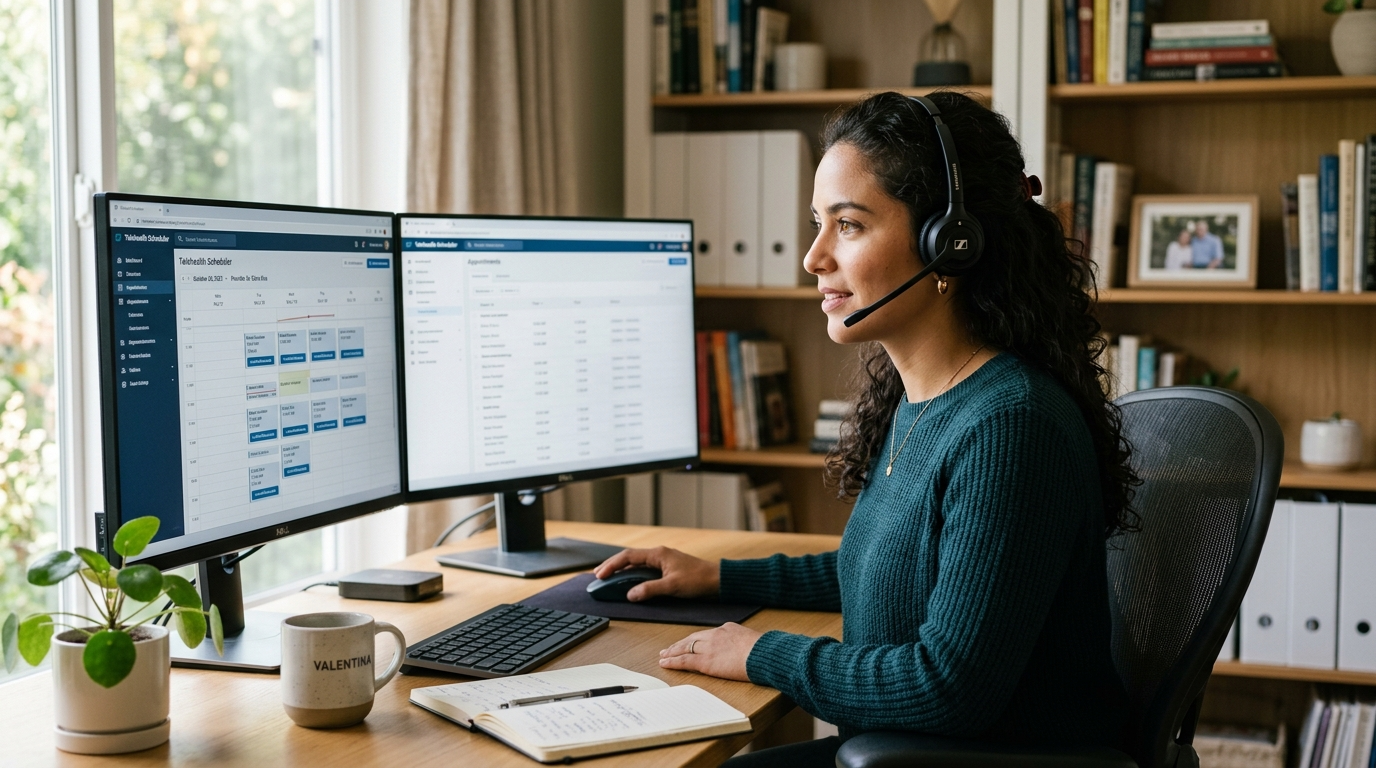 Nearshore virtual medical receptionist in Latin America managing telemedicine patient scheduling on dual monitors during US business hours