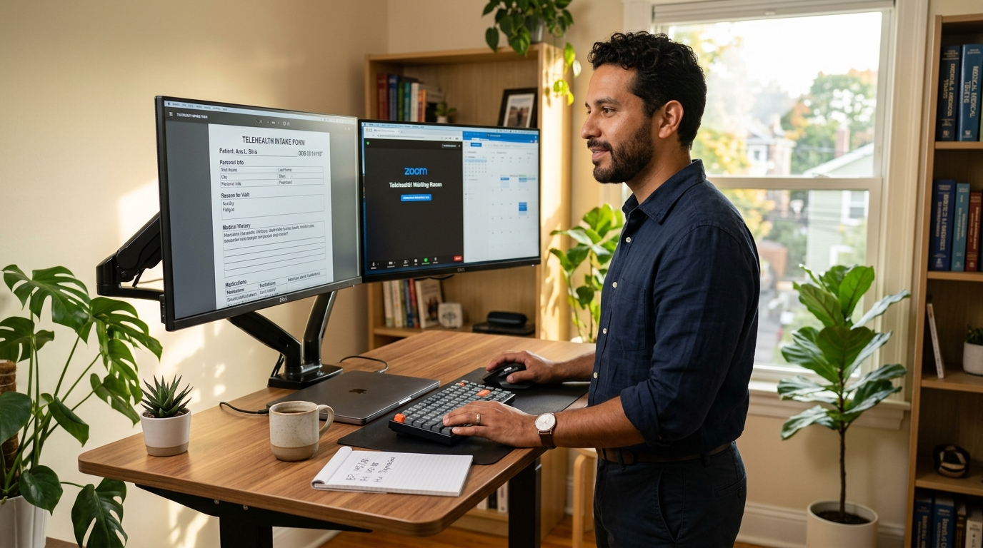 Nearshore virtual medical receptionist reviewing telemedicine patient intake forms on dual monitors during US office hours