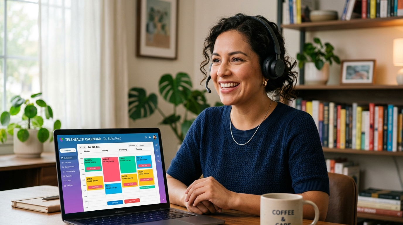 Nearshore virtual medical receptionist on a patient call while managing a telemedicine scheduling platform, Latin America home office