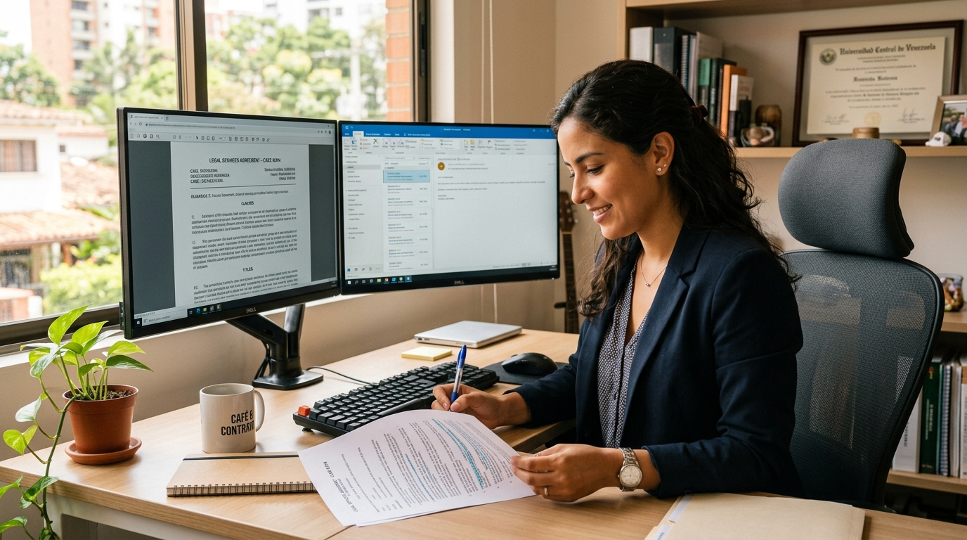 Nearshore virtual paralegal for family law firms reviewing case documents on dual monitors in a bright Latin American home office