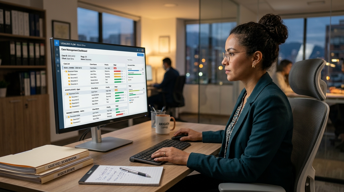 Virtual paralegal for family law managing case deadlines in a legal case management platform from a Latin American home office