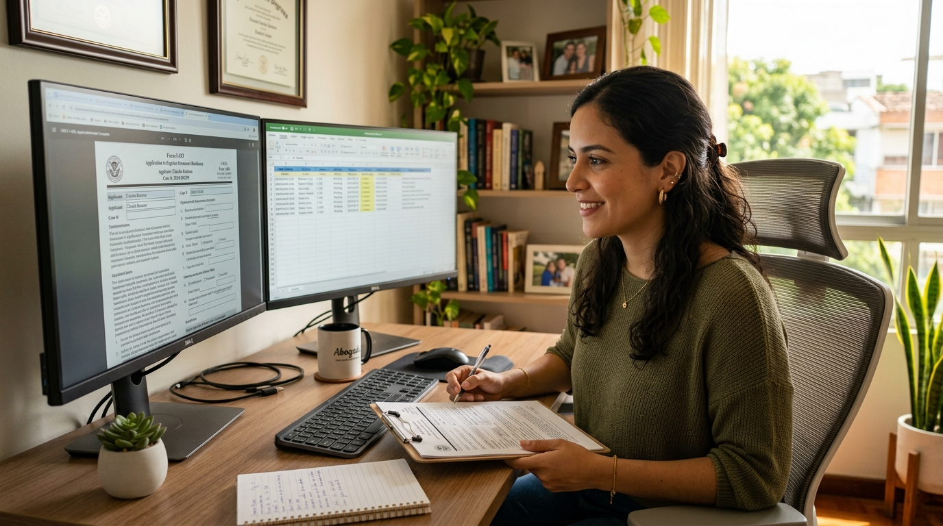 Nearshore virtual paralegal for immigration law firm reviewing USCIS petition documents on dual monitors in a Latin American home office