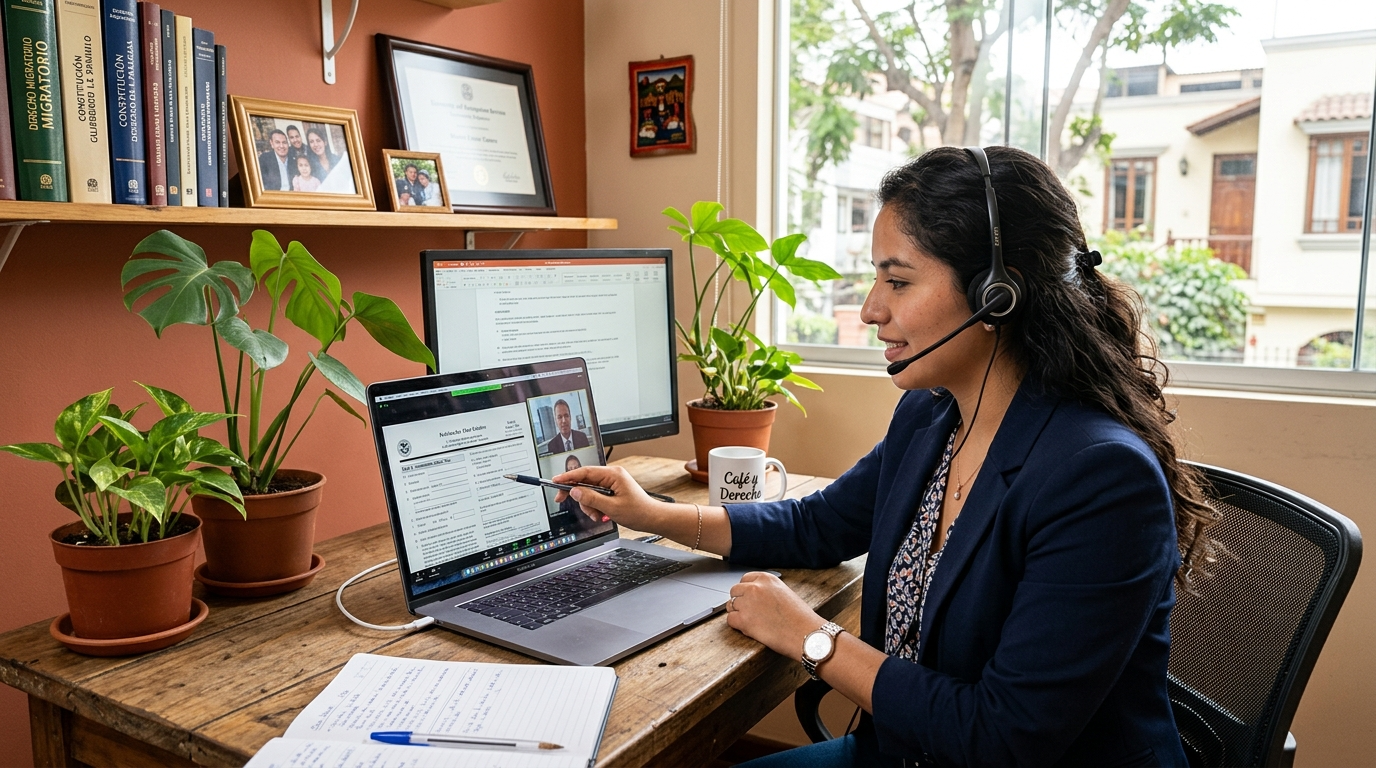 Nearshore virtual paralegal on video call with US immigration attorney reviewing USCIS petition documents
