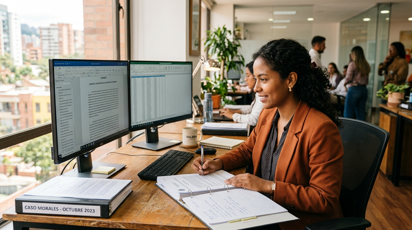 Nearshore virtual paralegal for personal injury law firms reviewing case files on dual monitors in a professional home office setting