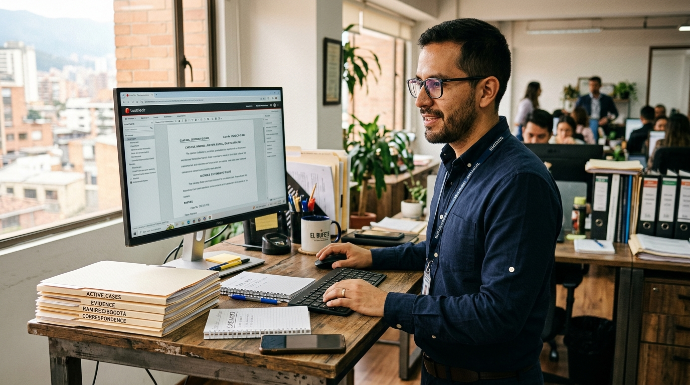 Virtual paralegal for personal injury law firm working on case management software in a Latin American home office
