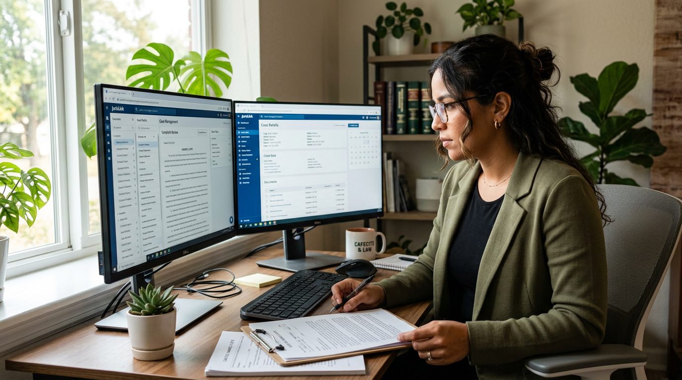 Nearshore virtual paralegal reviewing legal case files on dual monitors at a professional Latin American home office setup