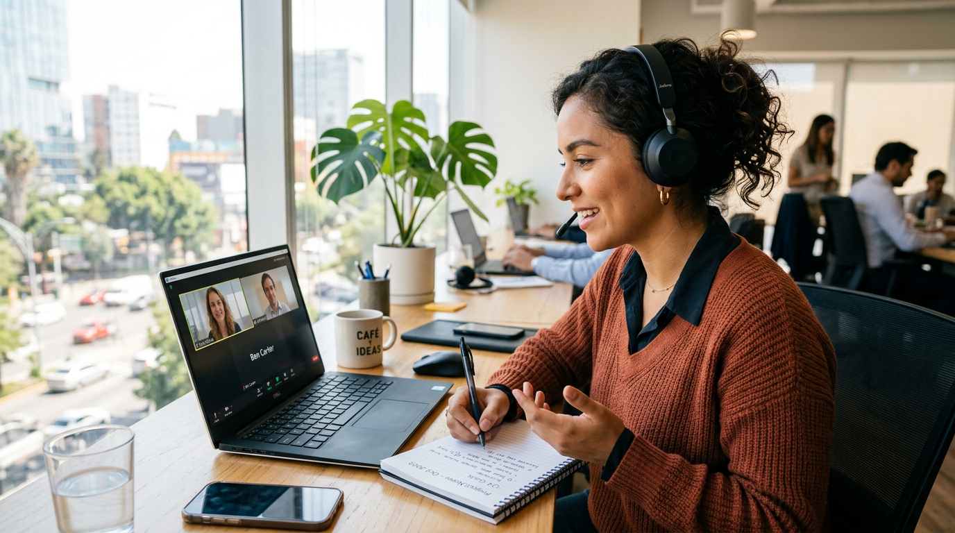 Virtual paralegal on client intake video call, taking case notes alongside legal case management software open on laptop