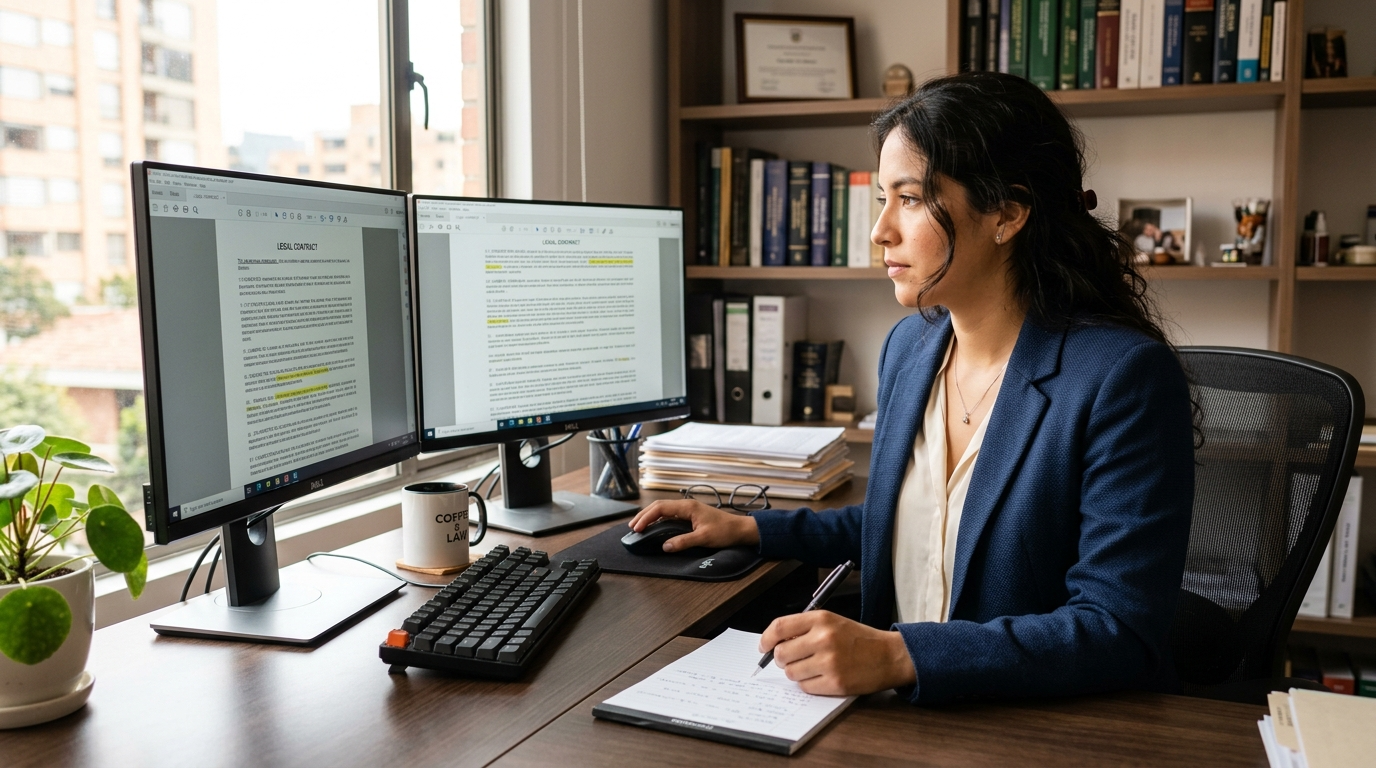 Nearshore virtual paralegal reviewing legal documents on dual monitors at a professional Latin American home office, 2026