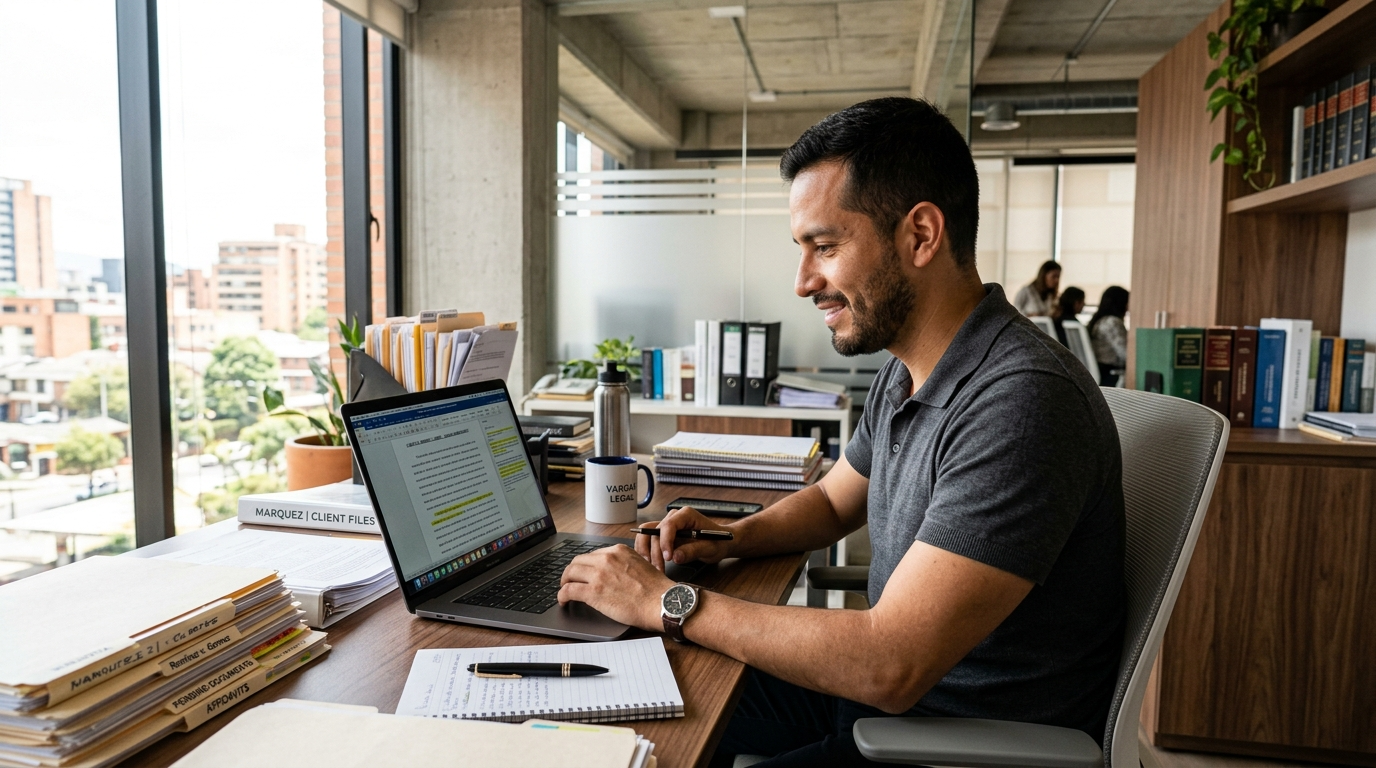 Nearshore virtual paralegal working full-time hours on legal brief review, professional home office setup, 2026