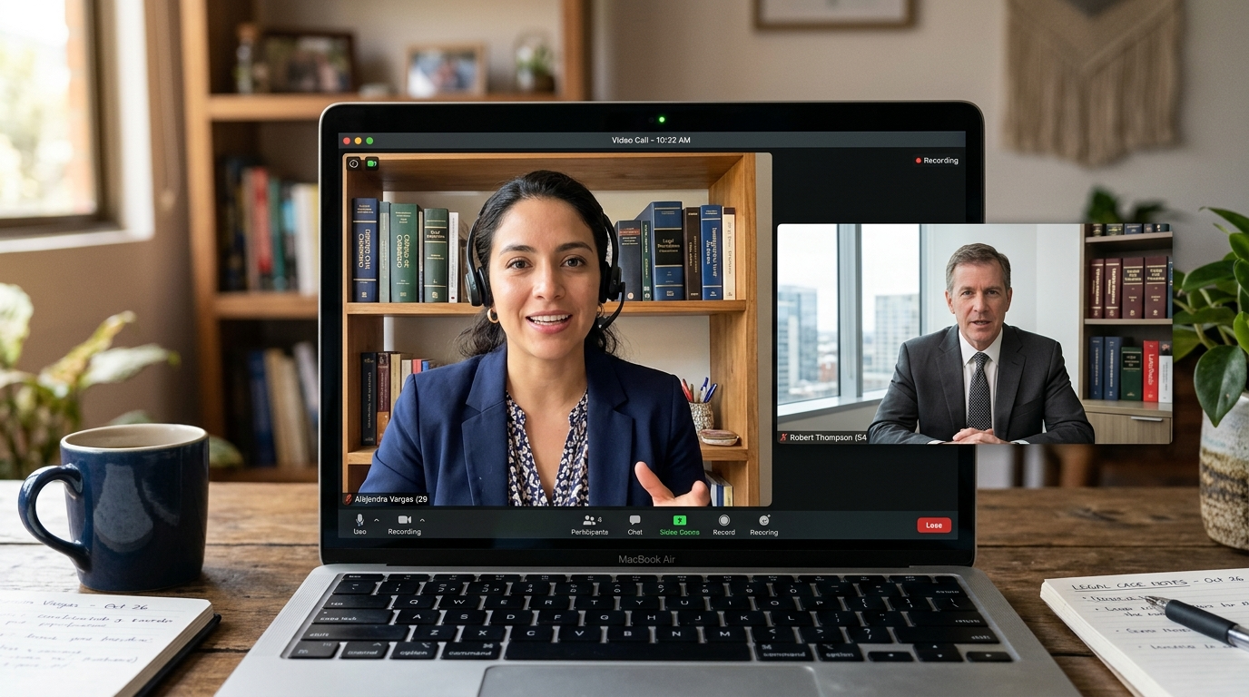 Nearshore virtual paralegal on video call with US attorney, reviewing case documents in real time, Latin America home office