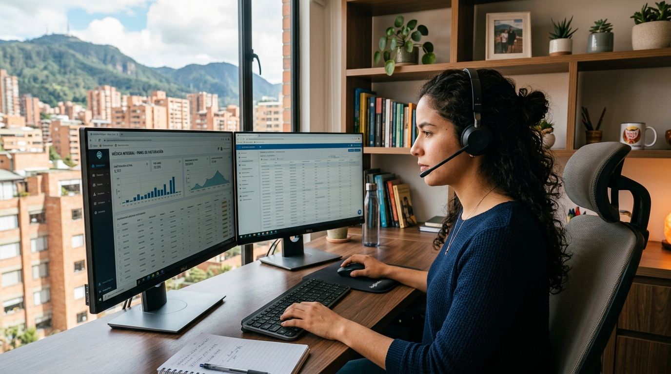 Nearshore virtual receptionist managing medical billing dashboard on dual monitors, virtual receptionist services medical billing 2026