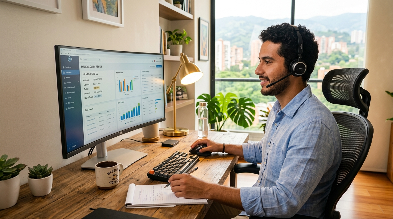 Nearshore virtual receptionist reviewing medical billing claim in AdvancedMD, virtual receptionist services medical billing Latin America