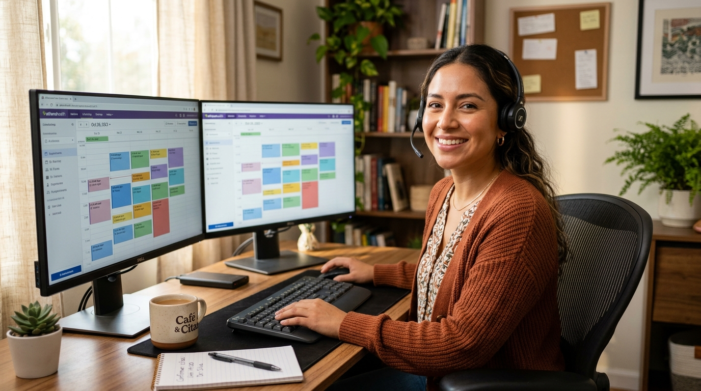 Nearshore virtual scheduling and messaging medical receptionist at a Latin American home office managing patient appointments on dual monitors