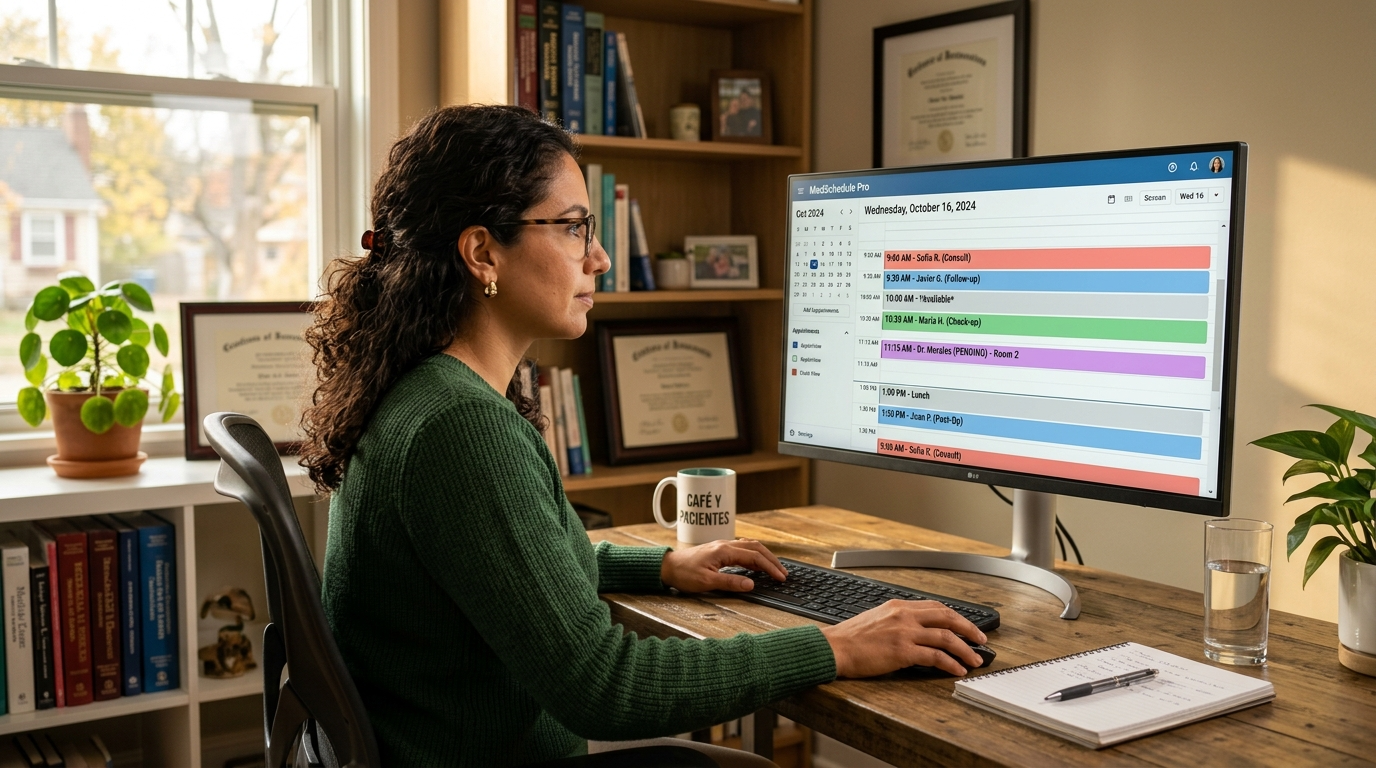Virtual medical receptionist reviewing patient scheduling calendar in a nearshore Latin American home office setup
