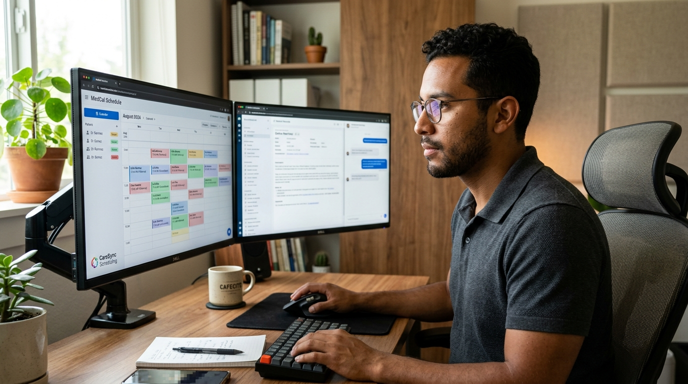 Nearshore virtual medical receptionist using AI copilot tools on dual monitors to manage patient scheduling and messaging