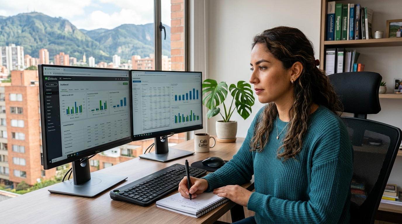 Nearshore virtual bookkeeper reviewing visual bookkeeper pricing data on QuickBooks dashboards in a Latin American home office