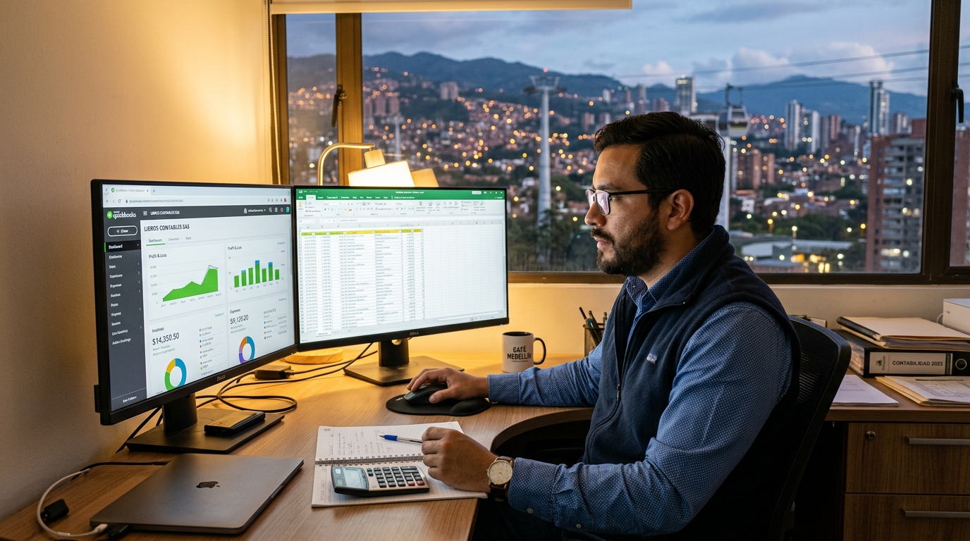 Nearshore bookkeeper comparing visual bookkeeper pricing dashboards in QuickBooks on dual monitors in a Latin American office