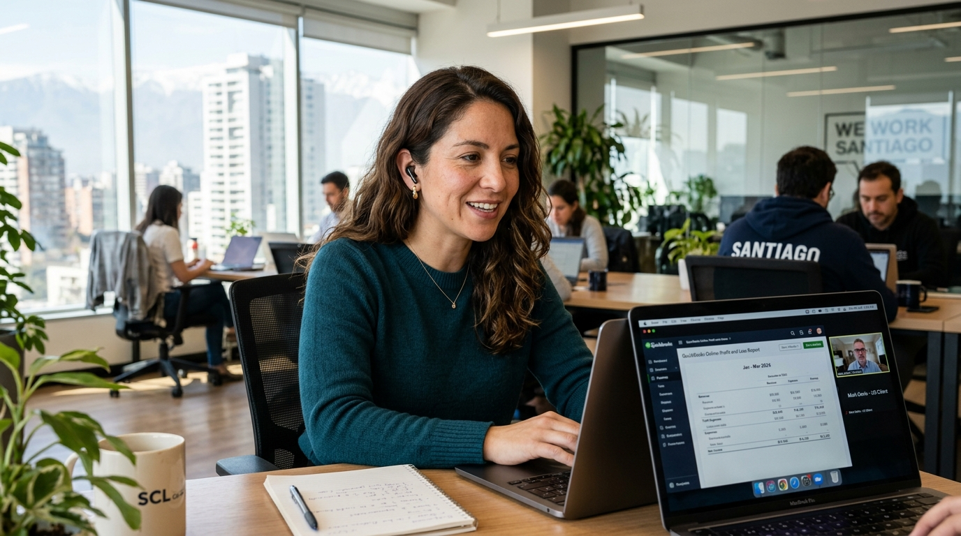 Nearshore virtual bookkeeper on a video call reviewing QuickBooks P&L reports with a US client, demonstrating visual bookkeeper pricing value