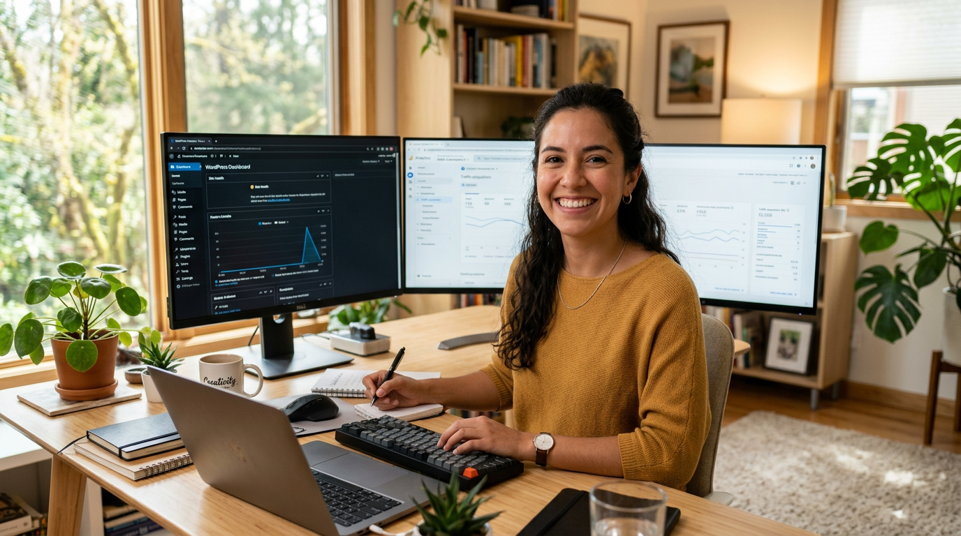 Nearshore website admin virtual assistant reviewing a WordPress dashboard and analytics on dual monitors in a bright Latin American home office