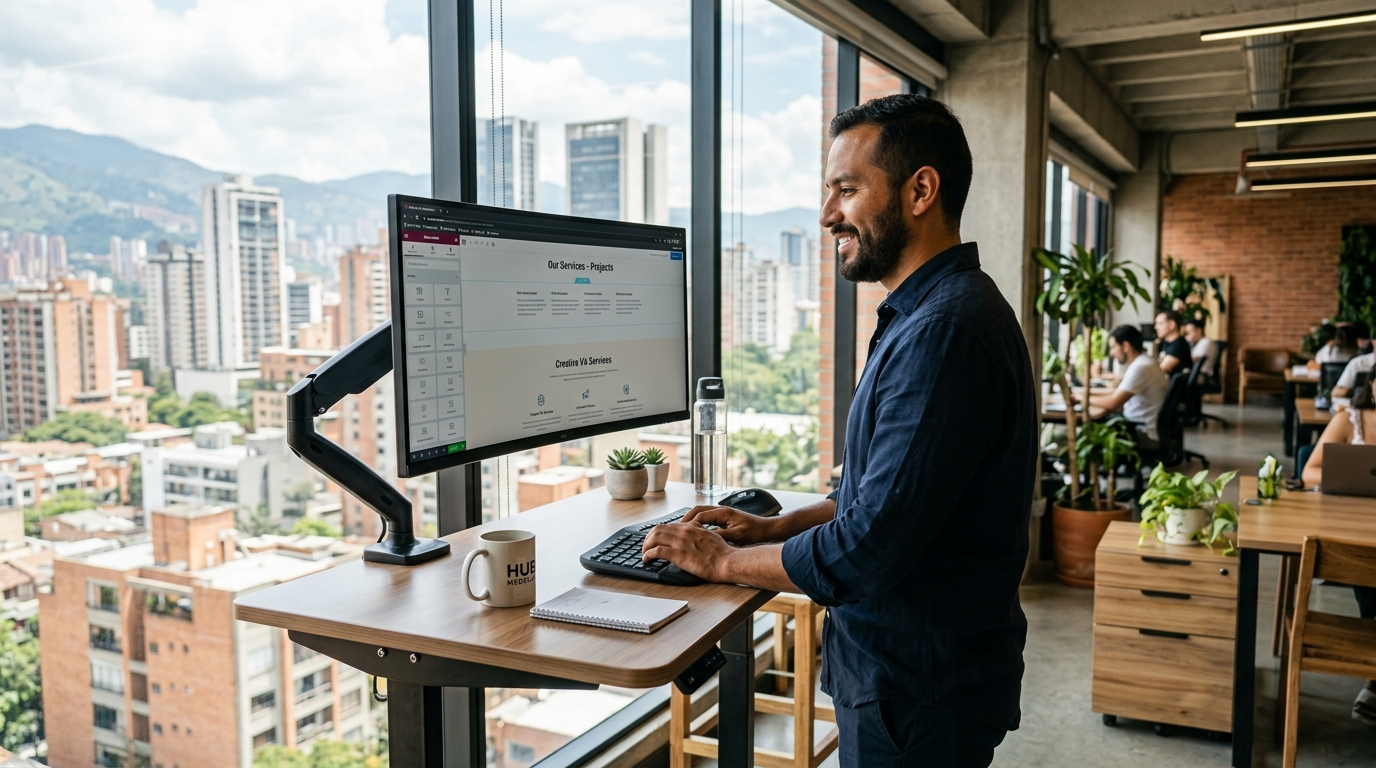 Website admin virtual assistant building a WordPress page in Elementor at a modern Latin American co-working space