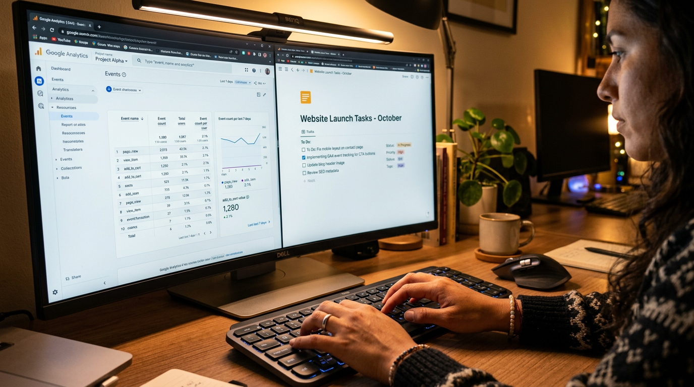 Website admin virtual assistant managing Google Analytics 4 and Notion project boards simultaneously, nearshore remote work setup