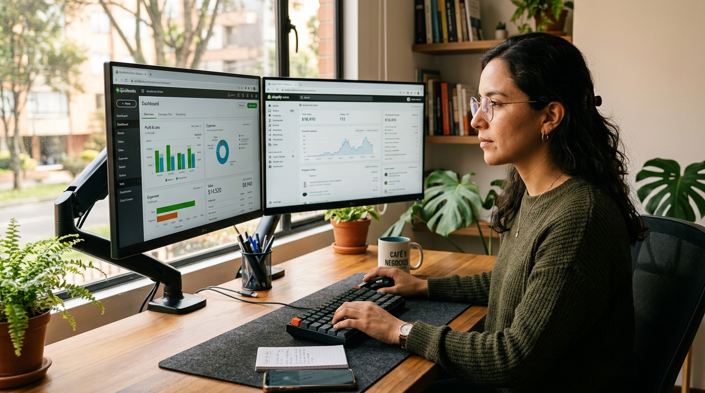 Nearshore virtual bookkeeper reviewing ecommerce financial data on QuickBooks and Shopify dashboards in a Latin American home office