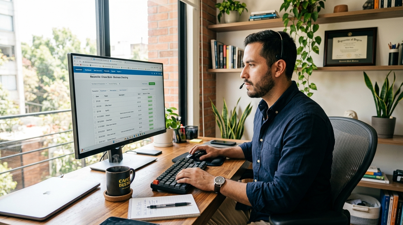 Nearshore ecommerce bookkeeper reconciling multi-channel transactions in Xero with Shopify and Amazon data visible on screen