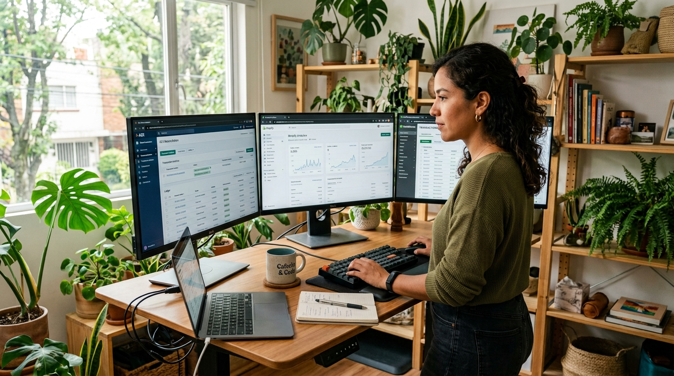 Nearshore ecommerce bookkeeper managing Shopify, A2X, and QuickBooks Online simultaneously from a Latin American home office in 2026
