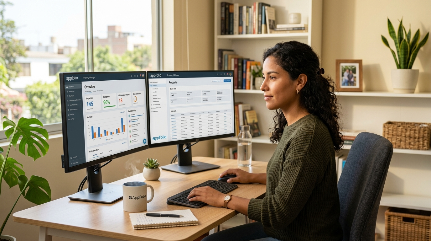 Latin American property management virtual assistant reviewing AppFolio dashboard at a well-lit home office desk in 2026