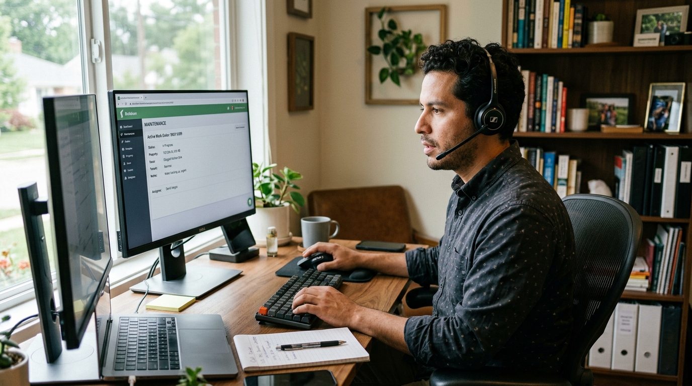 Latin American property management virtual assistant managing Buildium maintenance work orders on dual monitors