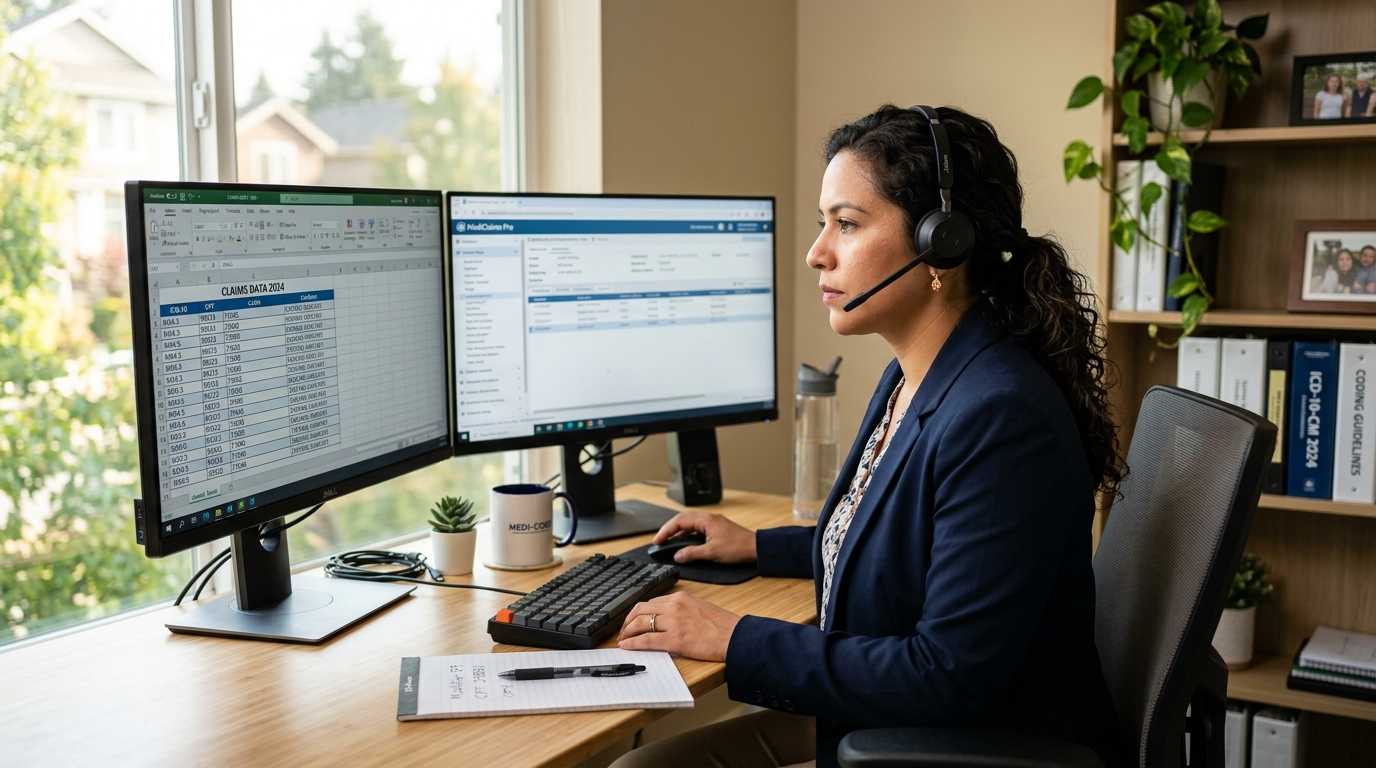 Nearshore medical billing virtual assistant reviewing claims on dual monitors in a modern Latin American home office
