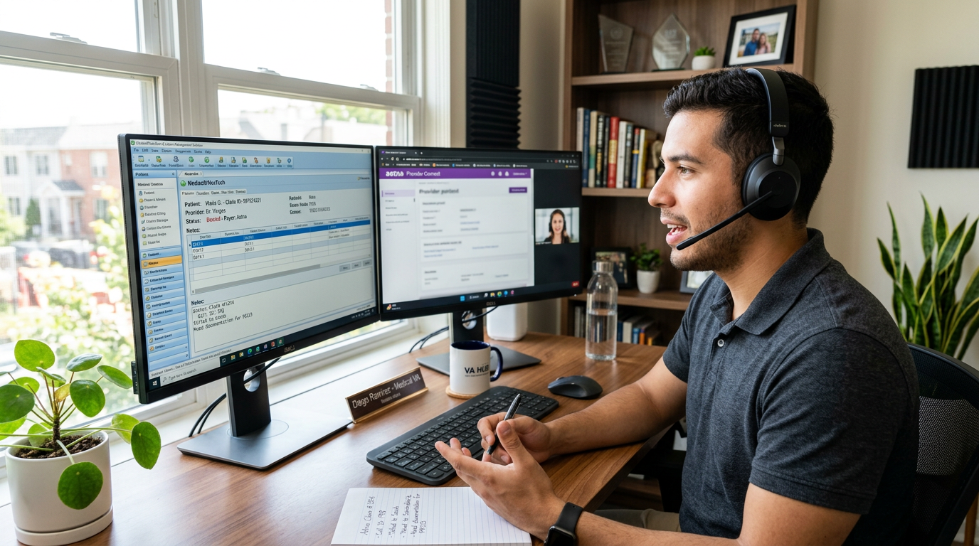 Medical billing virtual assistant on a call with an insurance payer, claim denial codes visible on screen