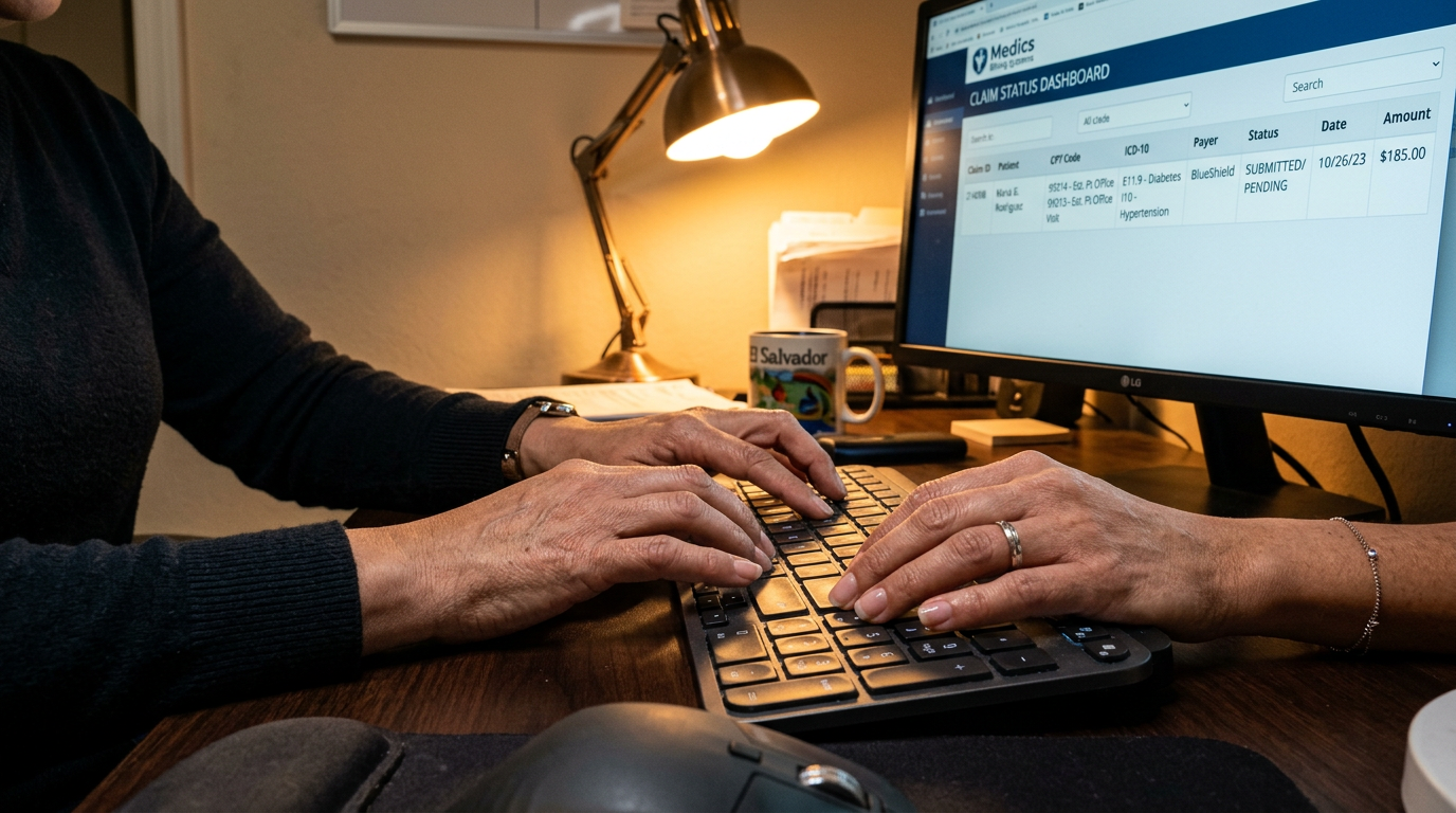 Nearshore medical billing VA entering CPT codes into practice management software, denial prevention workflow visible on screen