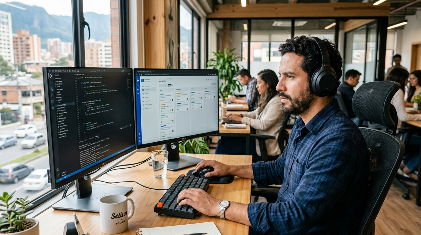 Latin American nearshore software developer working on VS Code in a modern Bogotá coworking space during US business hours