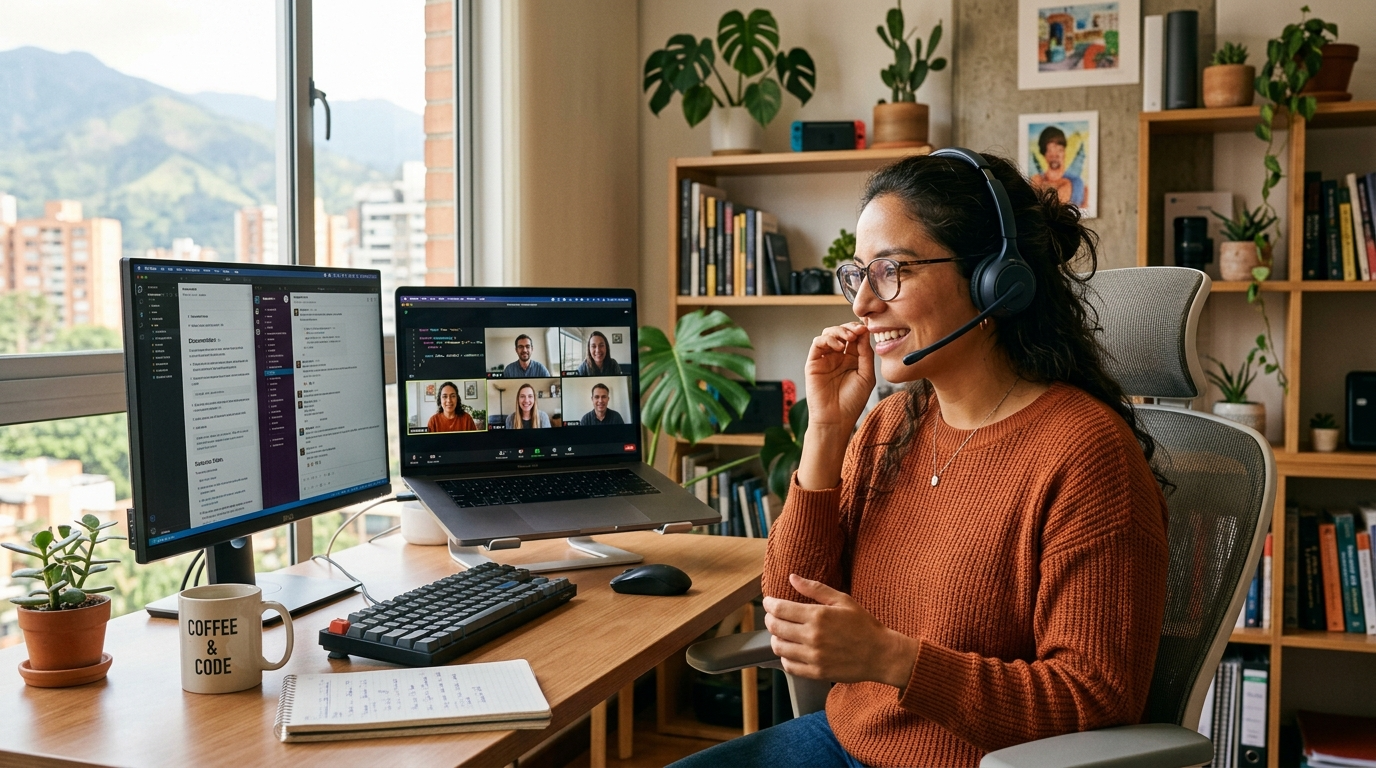 Nearshore software developer in Medellín on a live video standup with a US engineering team, React code visible on screen