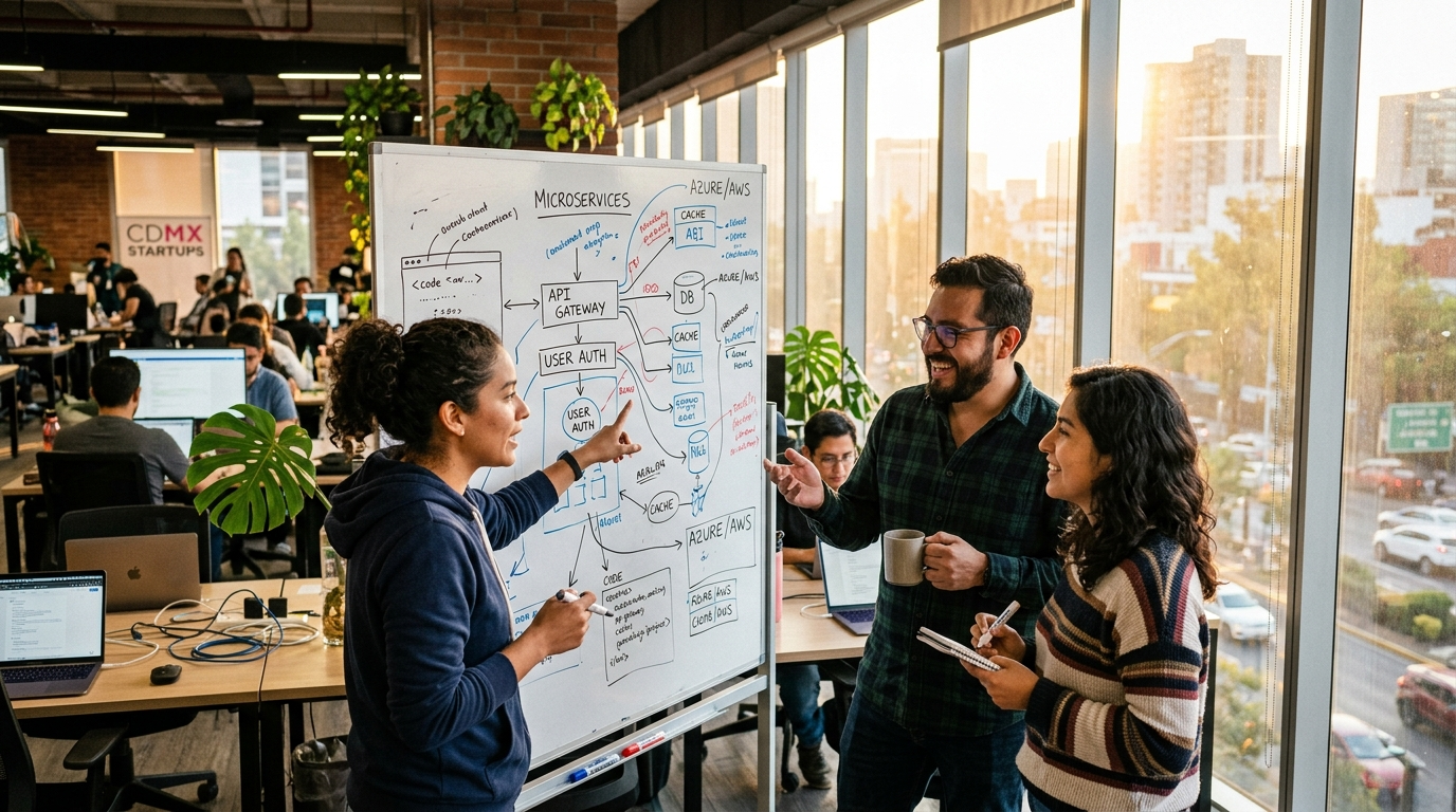 Latin American nearshore software developers collaborating on system architecture in a Mexico City startup office