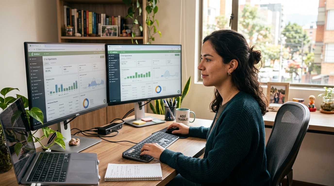 Nearshore virtual assistant in Latin America working on property management software during US business hours at a modern home office