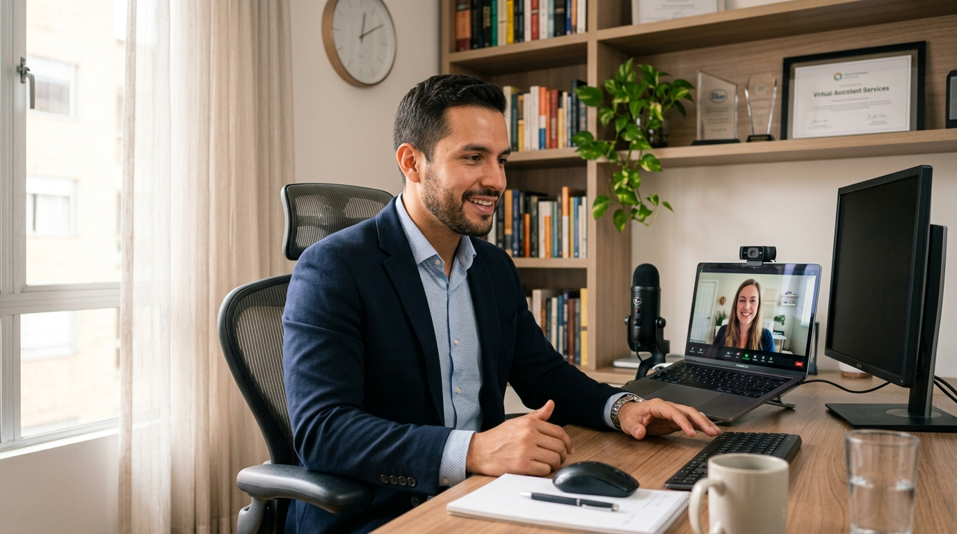 Nearshore virtual assistant on a real-time video call with a US business client, demonstrating timezone-aligned collaboration
