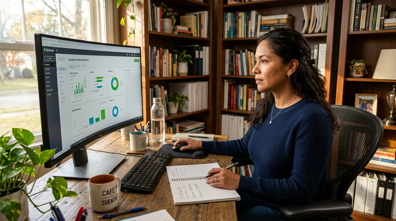 Nearshore virtual assistant reviewing bookkeeping data in QuickBooks during US business hours, demonstrating software-trained expertise