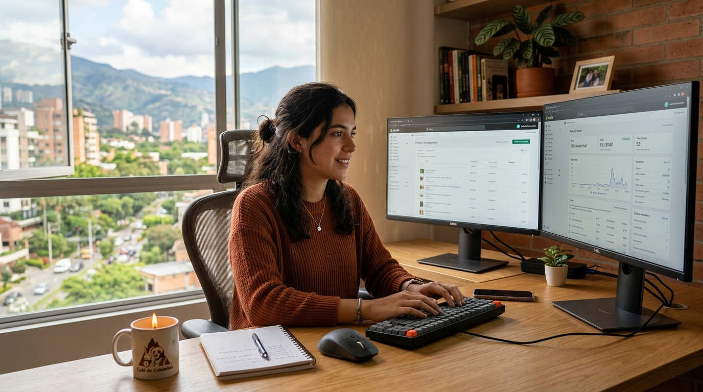 Nearshore Shopify virtual assistant reviewing a Shopify admin dashboard on dual monitors in a Latin American home office
