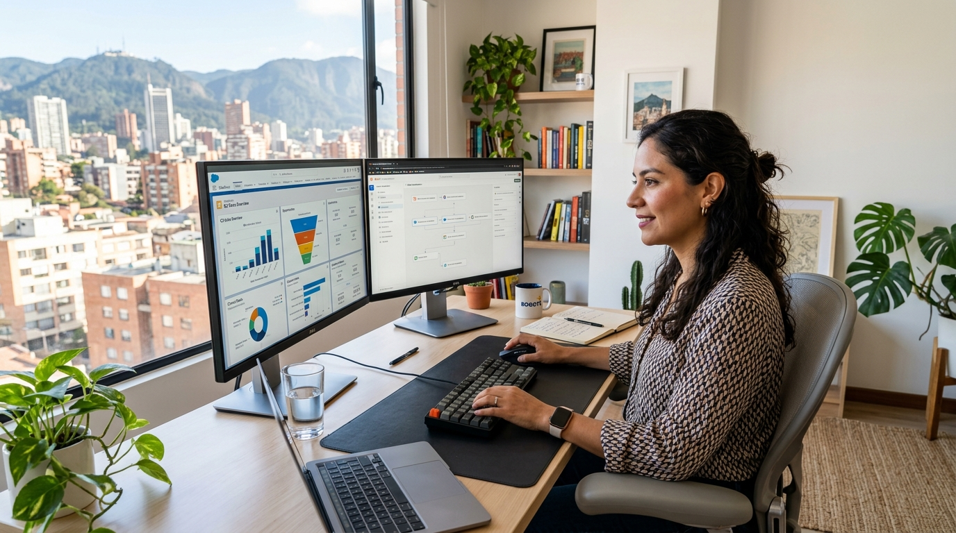 Nearshore technical virtual assistant in Latin America managing a Salesforce dashboard and automation workflow on dual monitors