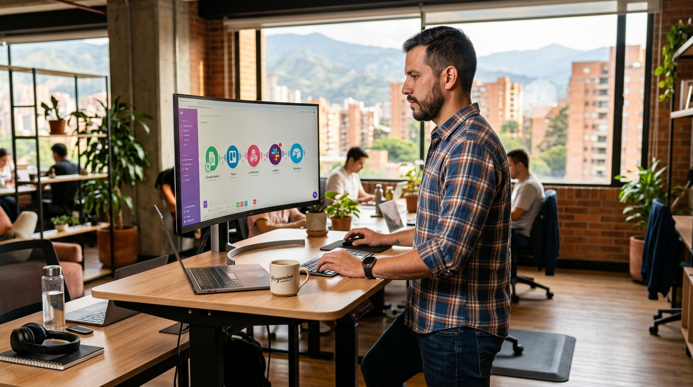 Nearshore technical virtual assistant building a Make.com automation workflow in a Latin American coworking space